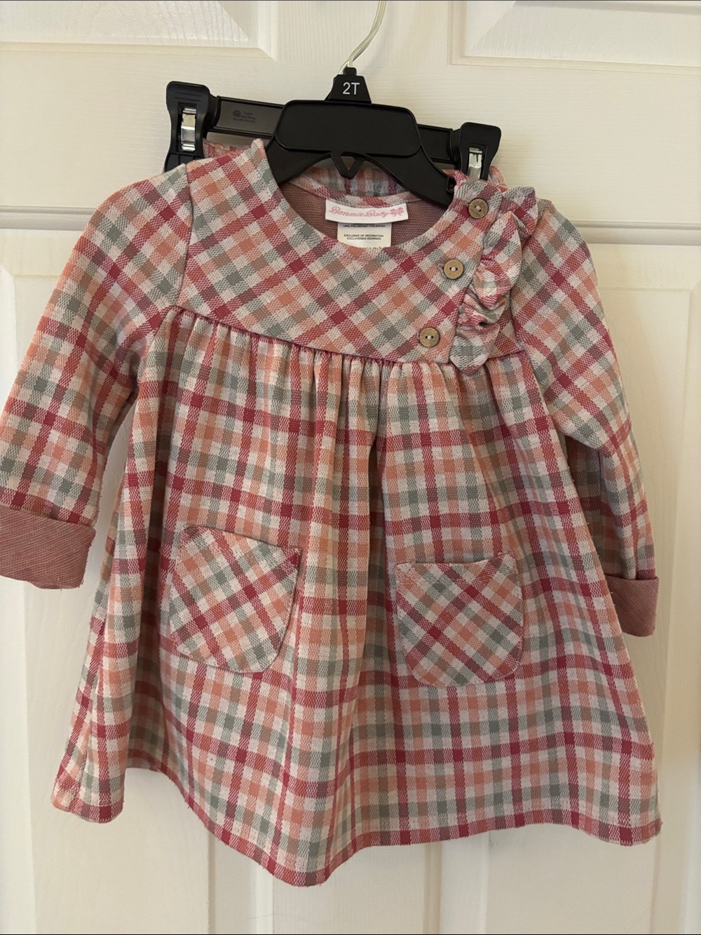 Bonnie Baby Pink and Gray Plaid Long-Sleeve Dress Top